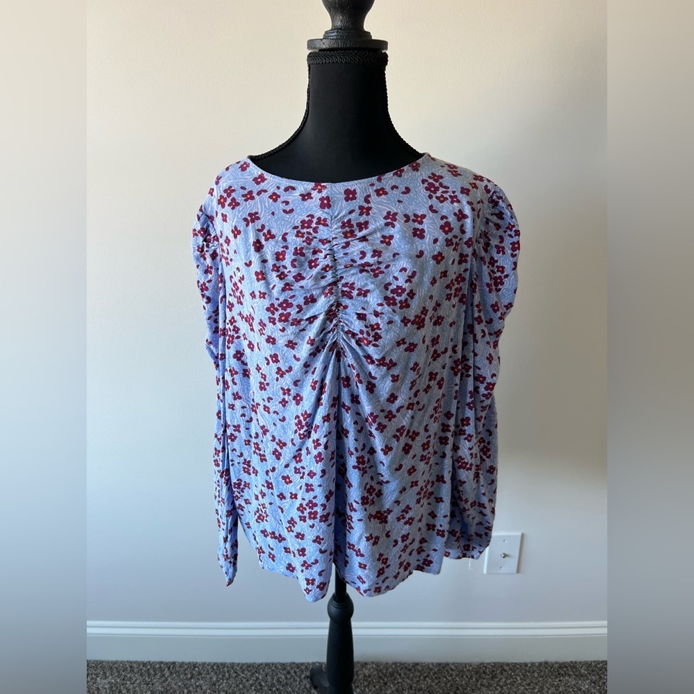Eloquii Blue and Red Floral Pleated Blouse Size 18